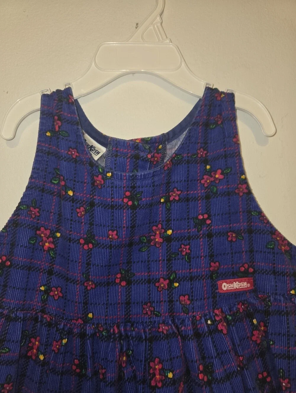 Oshkosh Vintage Purple Blue Plaid Dress with Pink Floral Accents 3t